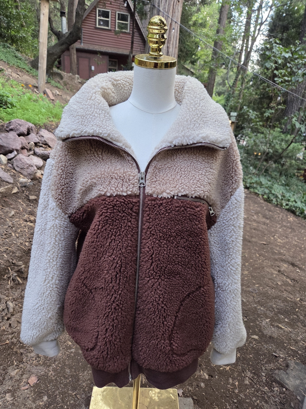 Aritzia Wilfred Women’s Brown Beige Colorblock Sherpa Zip Jacket Size Large